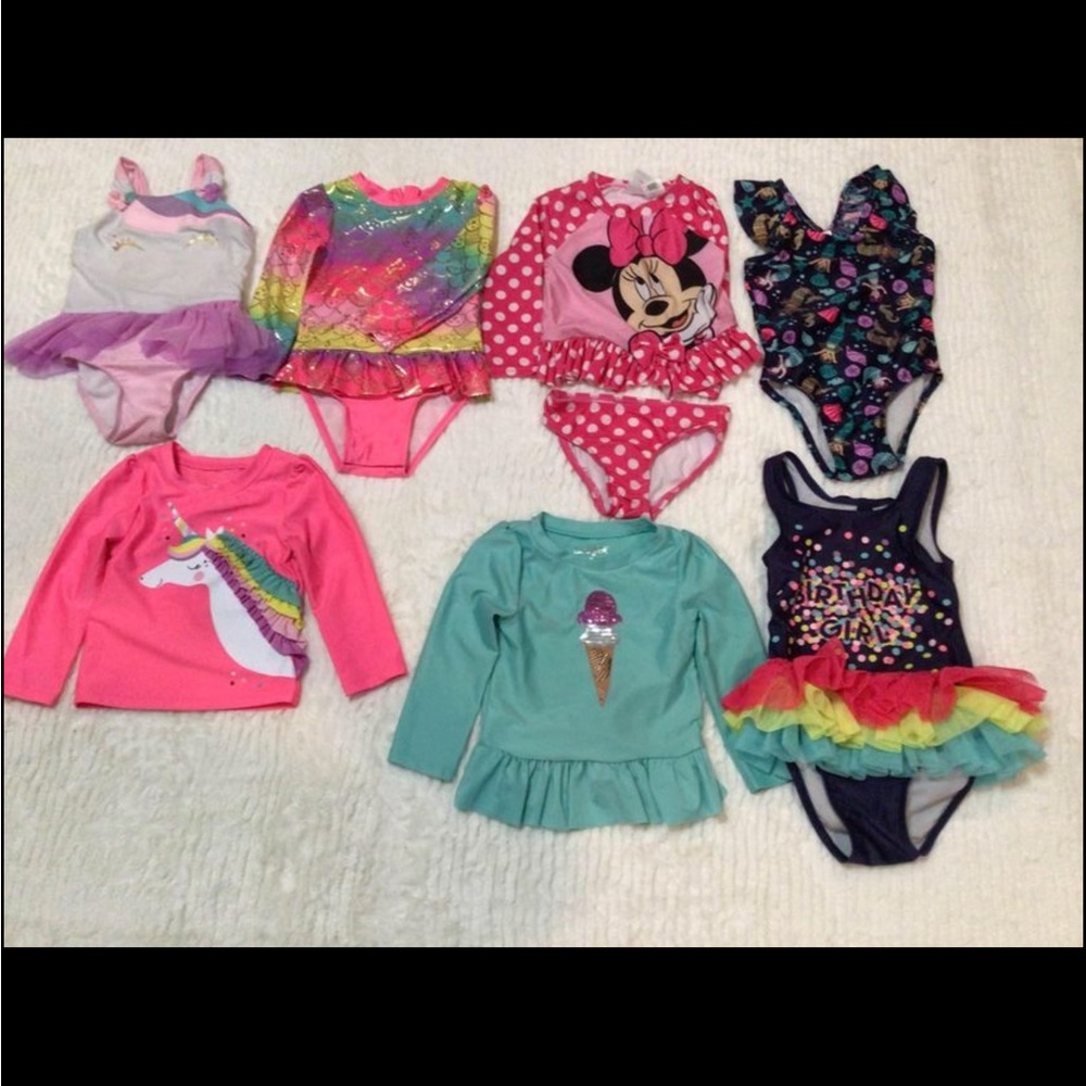 Toddler Size 2T one-piece, two-piece & long sleeve swim top swimwear.